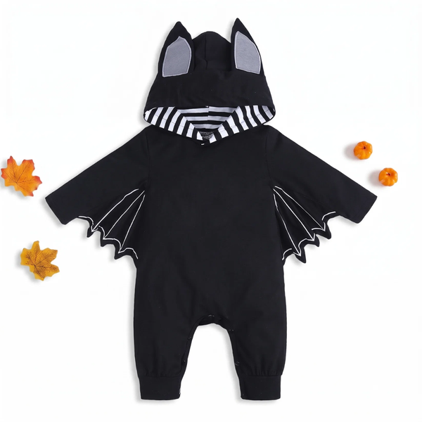 Striped Black style seen from the front: plain black baby romper with a black and white striped hood lining, grey-lined ears, and the same scalloped bat wing sleeves
