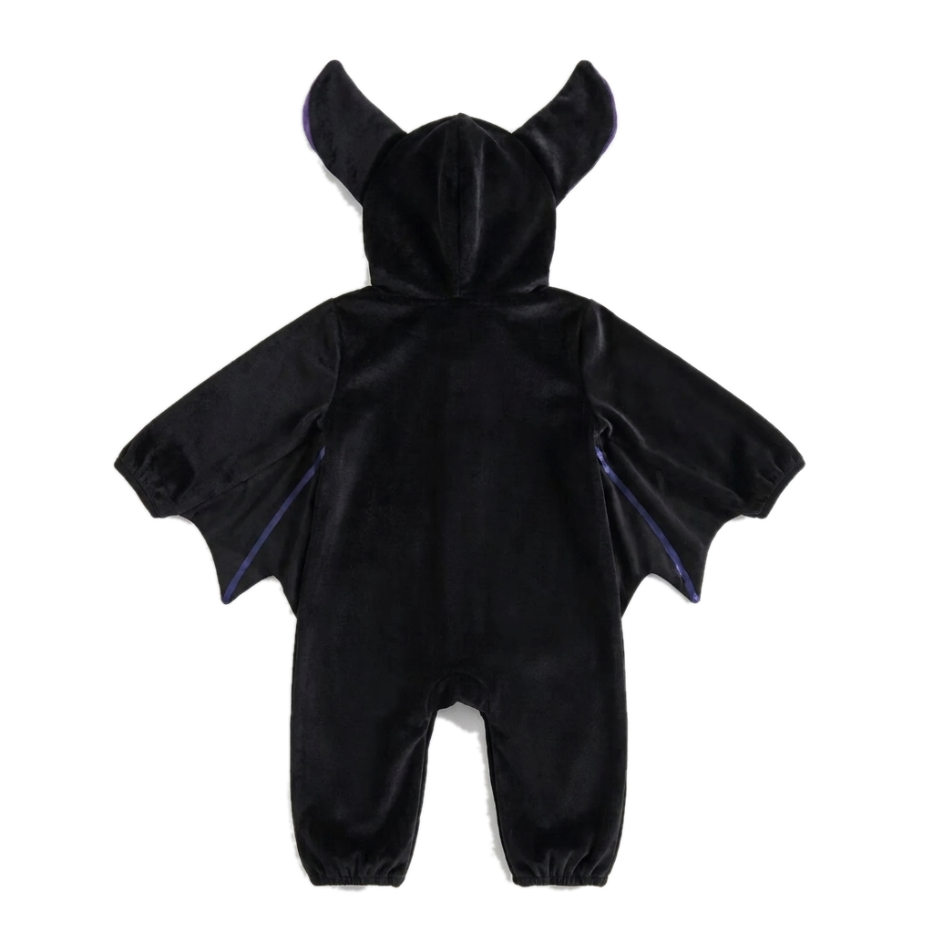 Back view of the Lunaby Bat Suit showing the full wing span across both sleeves and the shaped hood ears
