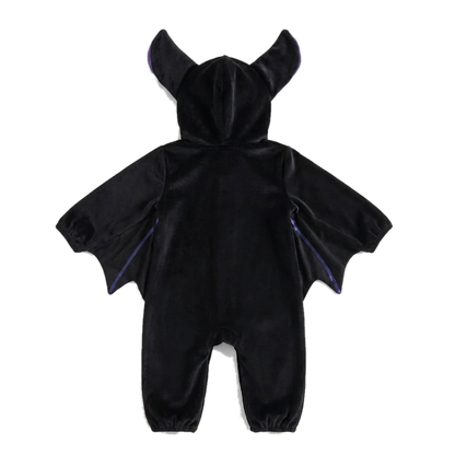 Back view of the Lunaby Bat Suit showing the full wing span across both sleeves and the shaped hood ears