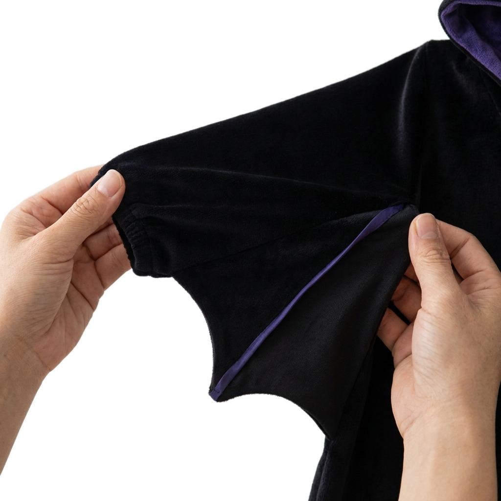 Two hands stretching one wing open to show the purple piping along the scalloped edge and how the velvet gives