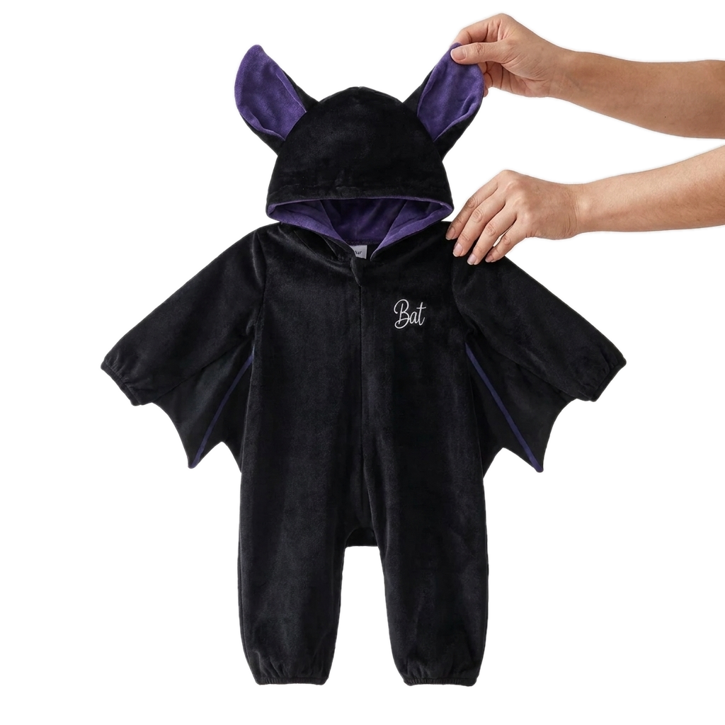 An adult hand holding one hood ear upright next to the suit, showing how small the newborn size really is