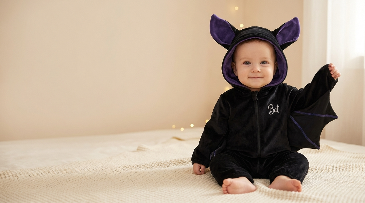 A baby sitting on a cream blanket in a warm nursery wearing the Lunaby Bat Suit, one wing sleeve raised