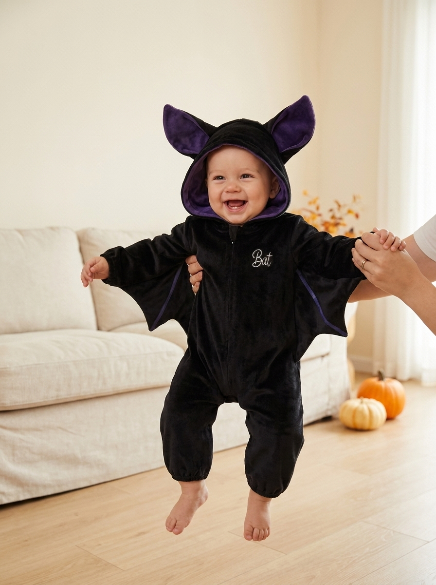 A baby held under the arms mid-air in the Lunaby Bat Suit, both wings spread wide, laughing