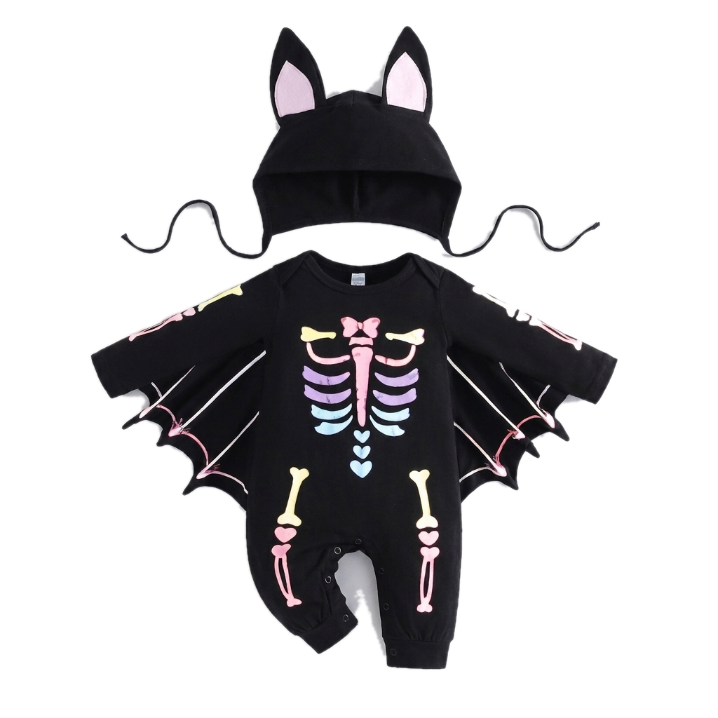 Pastel Skeleton style seen from the front: the same black romper with a pastel rainbow bone print in pink, yellow, lilac and blue, little hearts down the ribs, and pink-lined hood ears