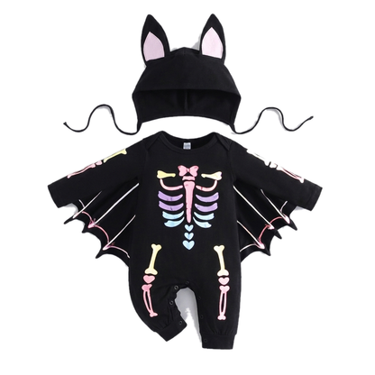 Pastel Skeleton style seen from the front: the same black romper with a pastel rainbow bone print in pink, yellow, lilac and blue, little hearts down the ribs, and pink-lined hood ears