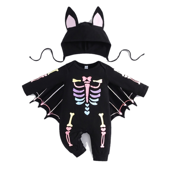 Pastel Skeleton style seen from the front: the same black romper with a pastel rainbow bone print in pink, yellow, lilac and blue, little hearts down the ribs, and pink-lined hood ears