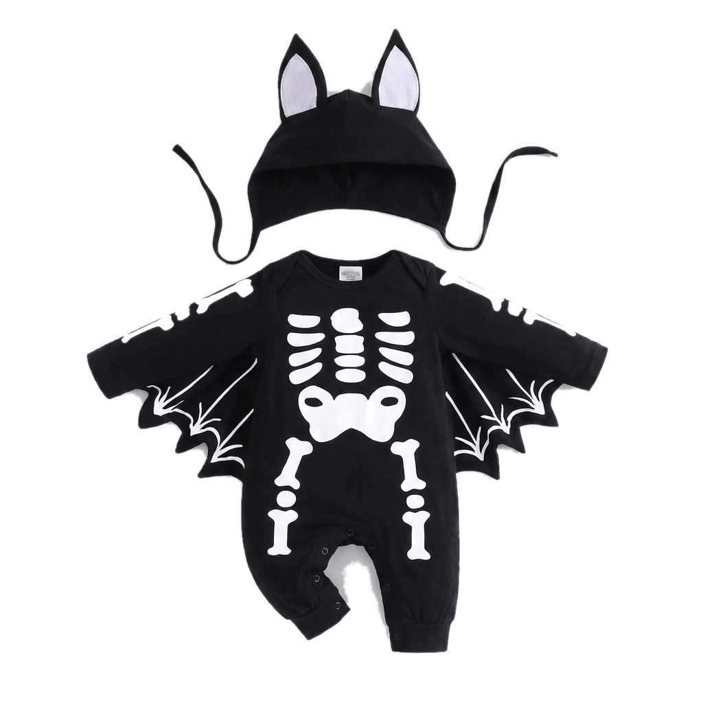 White Skeleton style seen from the front: black baby romper with a white bone print on the chest and legs, scalloped bat wing sleeves, and a hood with white-lined ears