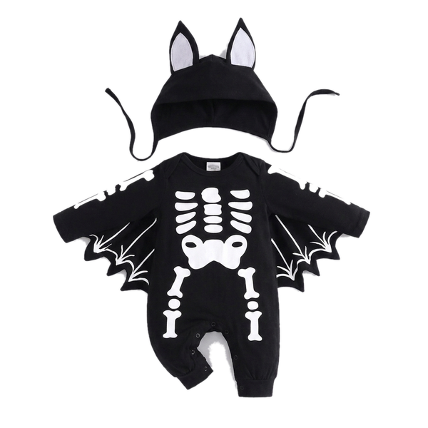 White Skeleton style seen from the front: black baby romper with a white bone print on the chest and legs, scalloped bat wing sleeves, and a hood with white-lined ears
